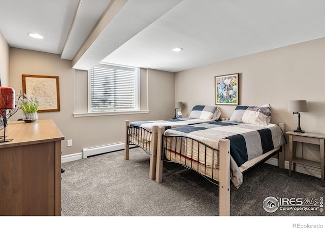 6850 Frying Pan Rd, Boulder, CO 80301 - carpeted bedroom featuring a baseboard radiator, baseboards, and recessed lighting