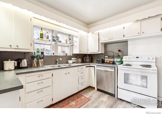 kitchen with white range with electric stovetop, white cabinets, dishwasher, and a sink