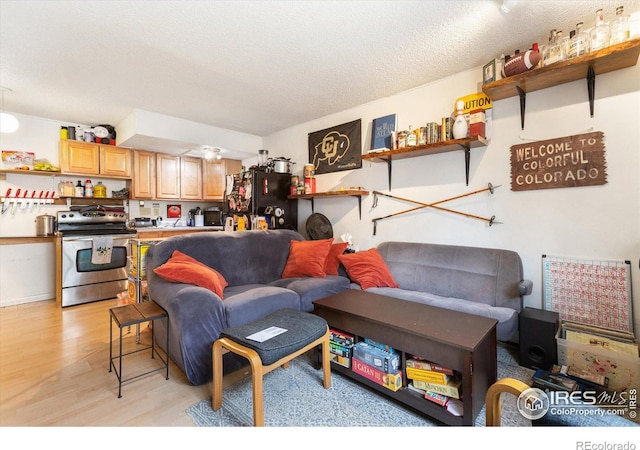 living room featuring a textured ceiling and light wood-type flooring