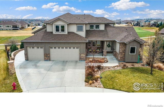 view of front facade featuring a residential view, a shingled roof, stone siding, board and batten siding, and driveway