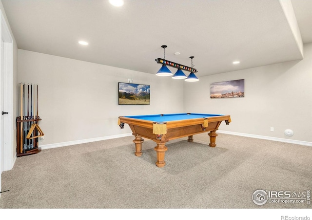 game room featuring recessed lighting, baseboards, carpet, and pool table