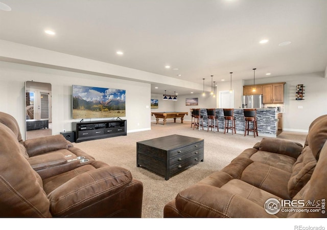 living area with baseboards, billiards, recessed lighting, and light carpet