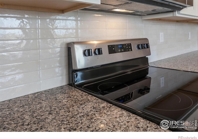 1219 105th Avenue Ct, Greeley, CO 80634 - room details with stone countertops, stainless steel range with electric cooktop, under cabinet range hood, and backsplash