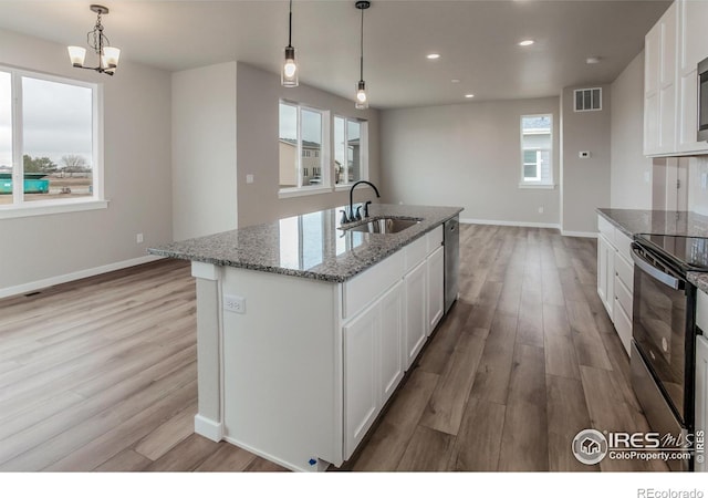 1219 105th Avenue Ct, Greeley, CO 80634 - kitchen with visible vents, recessed lighting, a sink, light wood-style floors, and black electric range