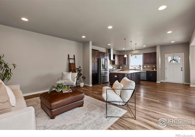 living room featuring baseboards, wood finished floors, and recessed lighting