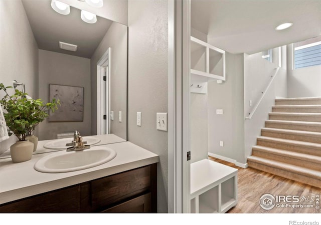 bathroom featuring wood finished floors and vanity