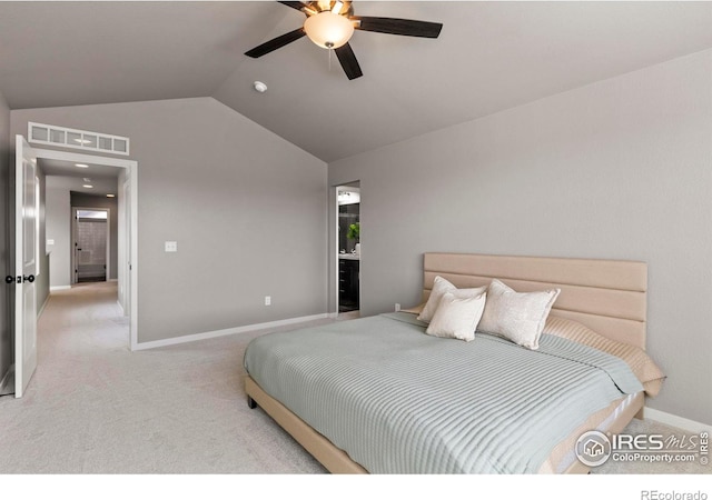 bedroom with visible vents, baseboards, a ceiling fan, light carpet, and vaulted ceiling