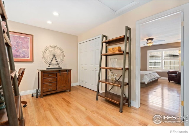 5125 Stetson Creek Ct Unit D, Fort Collins, CO 80528 - office space featuring light wood finished floors, baseboards, recessed lighting, attic access, and ceiling fan