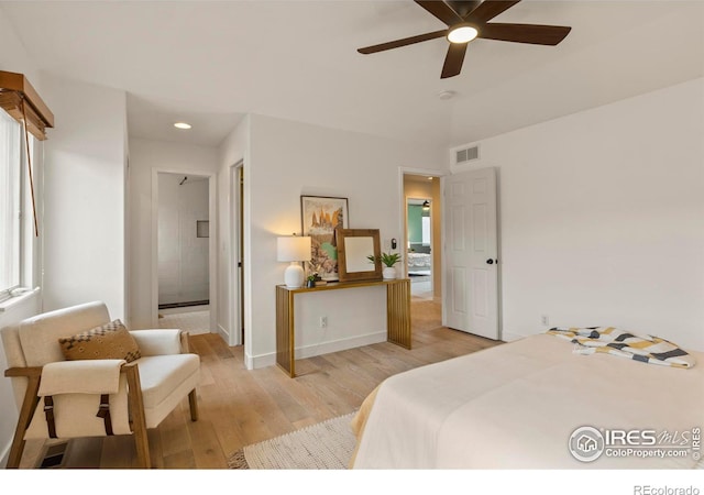 bedroom with visible vents, baseboards, a ceiling fan, light wood-style floors, and recessed lighting
