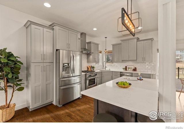 kitchen featuring wall chimney exhaust hood, a sink, gray cabinetry, and stainless steel appliances