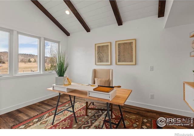 office space featuring baseboards, wood ceiling, lofted ceiling with beams, and dark wood-style floors