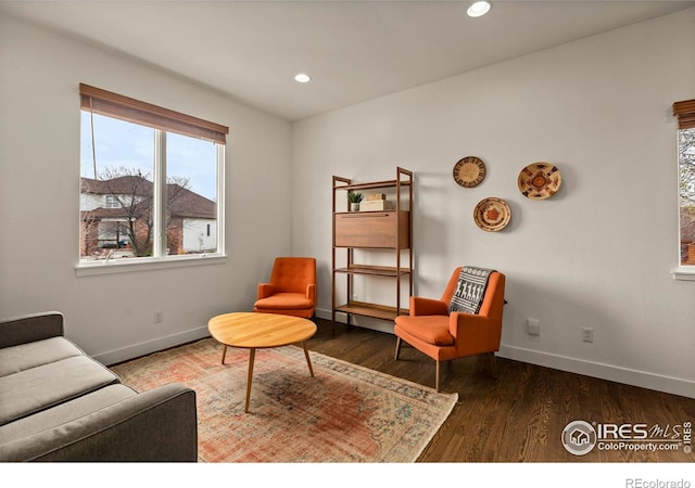 sitting room with baseboards, plenty of natural light, and wood finished floors