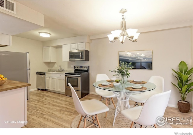 kitchen with appliances with stainless steel finishes, light wood finished floors, white cabinetry, and visible vents