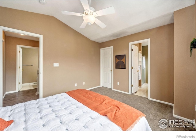 bedroom with baseboards, a ceiling fan, lofted ceiling, and carpet floors