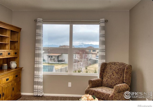 living area with carpet floors, baseboards, and a wealth of natural light
