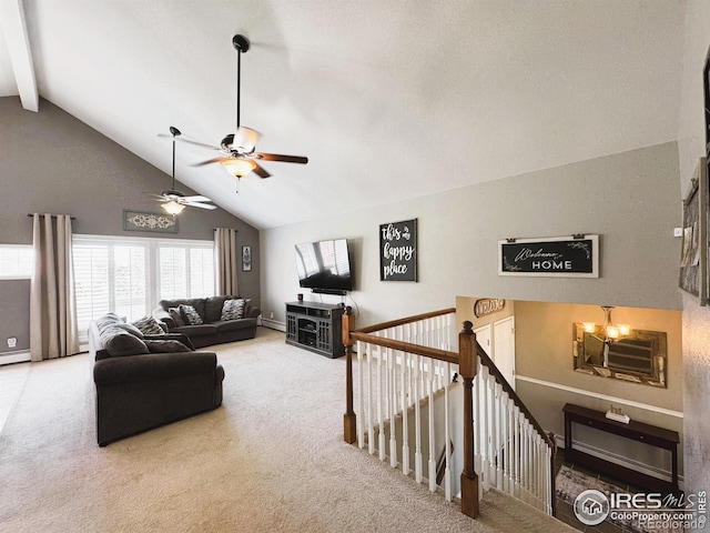 living room featuring beamed ceiling, high vaulted ceiling, ceiling fan, and carpet flooring
