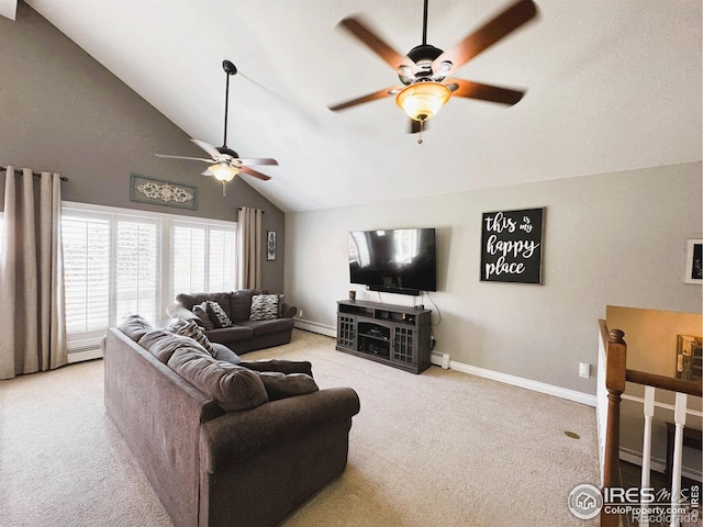 carpeted living area featuring a ceiling fan, baseboards, lofted ceiling, and a baseboard heating unit