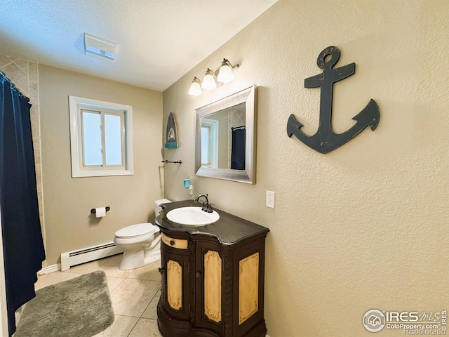 full bath with toilet, curtained shower, vanity, baseboard heating, and tile patterned flooring