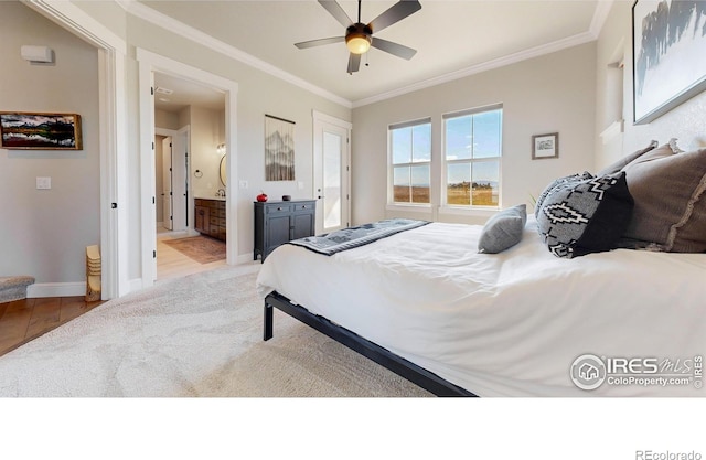 1563 Stoneseed St, Berthoud, CO 80513 - carpeted bedroom with connected bathroom, baseboards, ornamental molding, and a ceiling fan