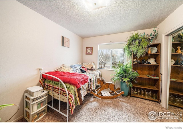 carpeted bedroom with a textured ceiling