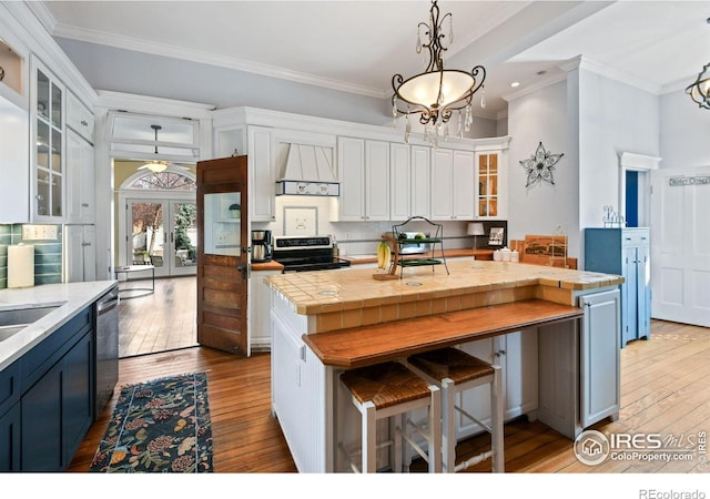 kitchen featuring crown molding, white cabinetry, appliances with stainless steel finishes, and premium range hood