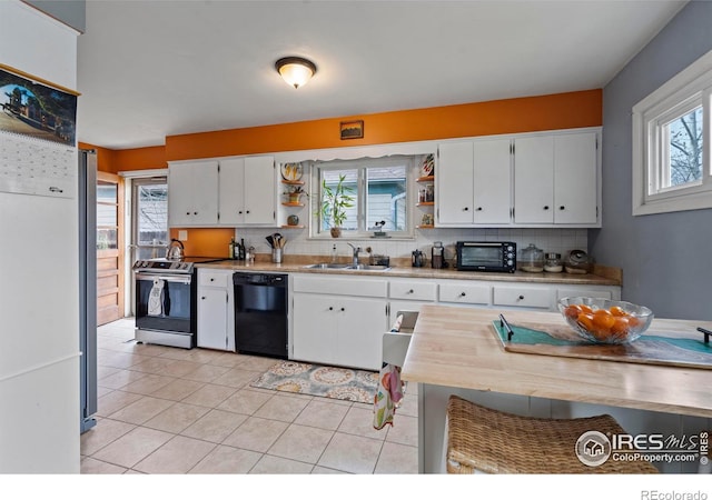 117 Welch Ave, Berthoud, CO 80513 - kitchen with black dishwasher, a sink, stainless steel electric range, open shelves, and decorative backsplash