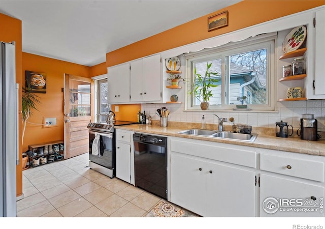 117 Welch Ave, Berthoud, CO 80513 - kitchen with stainless steel appliances, open shelves, a sink, white cabinetry, and tasteful backsplash