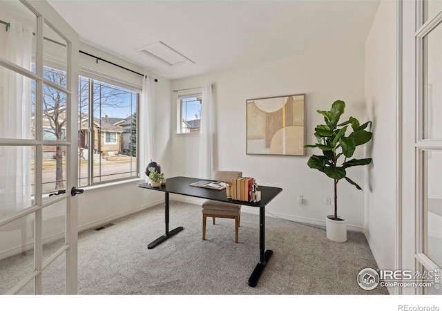 1827 Prairie Ridge Dr, Fort Collins, CO 80526 - carpeted home office with french doors, baseboards, and visible vents