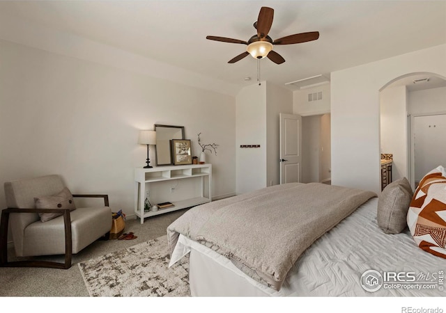 1827 Prairie Ridge Dr, Fort Collins, CO 80526 - bedroom with a ceiling fan, arched walkways, carpet, and visible vents