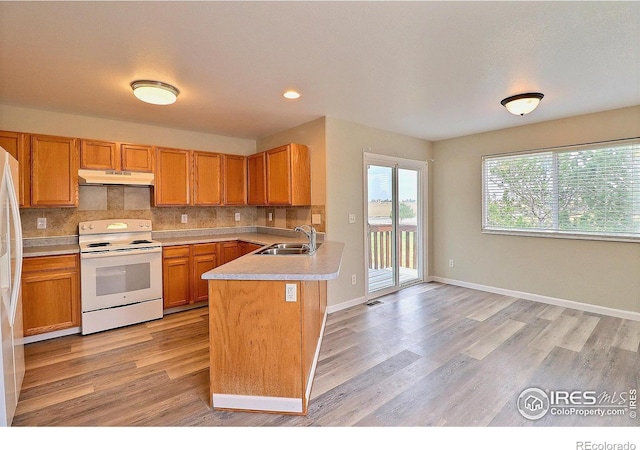 kitchen featuring tasteful backsplash, a sink, a peninsula, under cabinet range hood, and white electric range oven