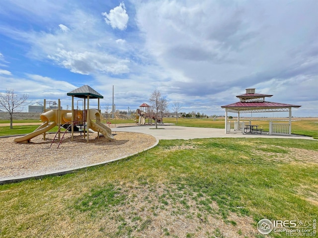 community jungle gym with a gazebo and a lawn