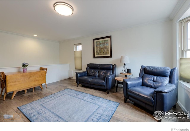 living area featuring crown molding and wood finished floors