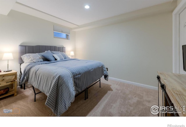 bedroom featuring baseboards, recessed lighting, and carpet