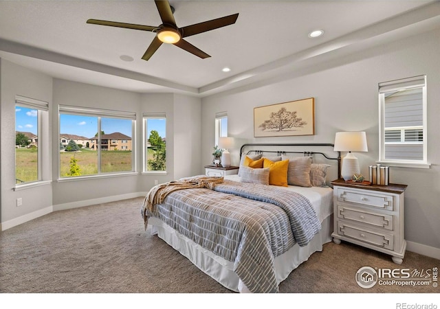 5977 Crooked Stick Dr, Windsor, CO 80550 - carpeted bedroom with multiple windows, a raised ceiling, recessed lighting, and a ceiling fan