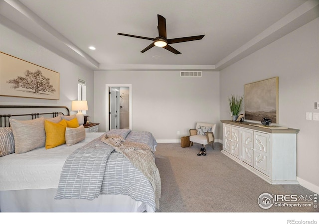 5977 Crooked Stick Dr, Windsor, CO 80550 - bedroom with carpet, a raised ceiling, a ceiling fan, and recessed lighting