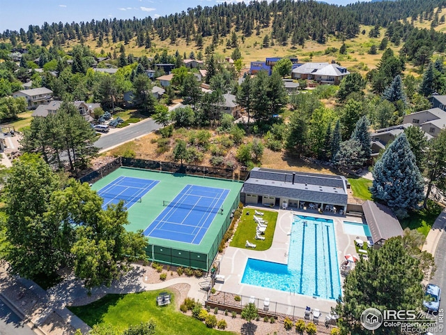 1117 Barberry Ct, Boulder, CO 80305 - bird's eye view of a pool area and a heavily wooded area