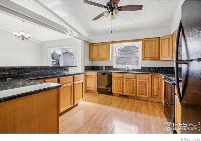 kitchen with a sink, black appliances, a healthy amount of sunlight, and light wood-type flooring