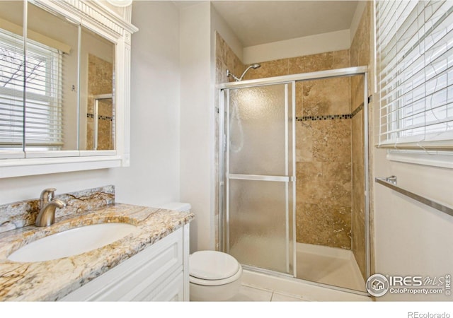 bathroom with vanity, toilet, and a shower stall