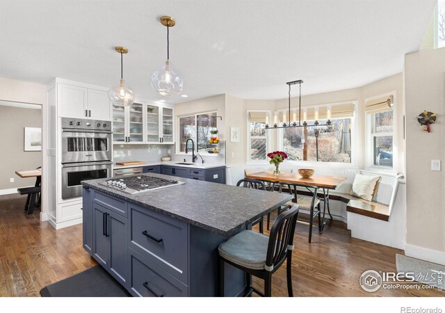 501 W Linden St, Louisville, CO 80027 - kitchen with stainless steel appliances, dark wood-type flooring, glass insert cabinets, white cabinetry, and a sink