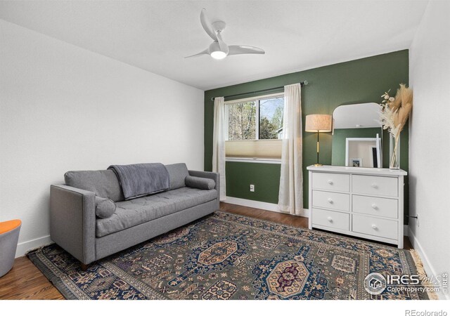 501 W Linden St, Louisville, CO 80027 - living room featuring baseboards, ceiling fan, and wood finished floors
