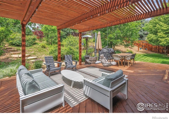 501 W Linden St, Louisville, CO 80027 - wooden deck with an outdoor hangout area, outdoor dining area, a pergola, and fence