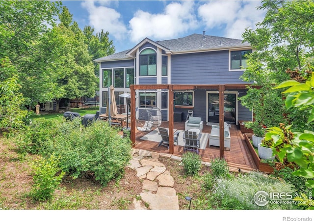 501 W Linden St, Louisville, CO 80027 - rear view of house with an outdoor hangout area, fence, a shingled roof, and a deck