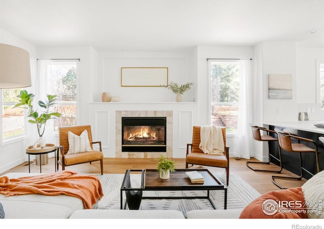 living room with a fireplace, light wood-style flooring, a healthy amount of sunlight, and baseboards