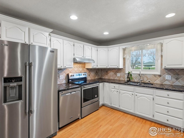 kitchen featuring dark stone counters, under cabinet range hood, a sink, and stainless steel appliances