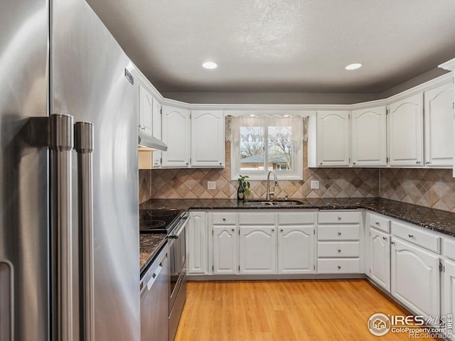 kitchen featuring white cabinets, under cabinet range hood, a sink, and stainless steel appliances