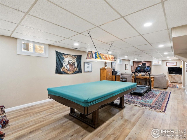 playroom with pool table, wood finished floors, baseboards, recessed lighting, and a paneled ceiling