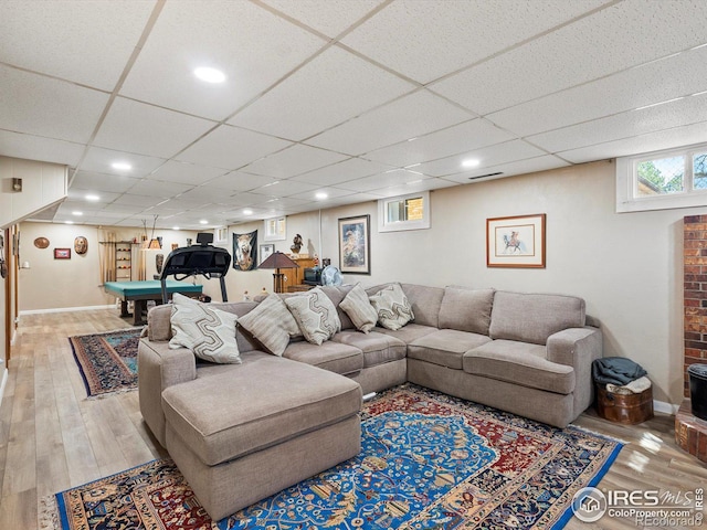 living area with wood finished floors, billiards, baseboards, visible vents, and a paneled ceiling