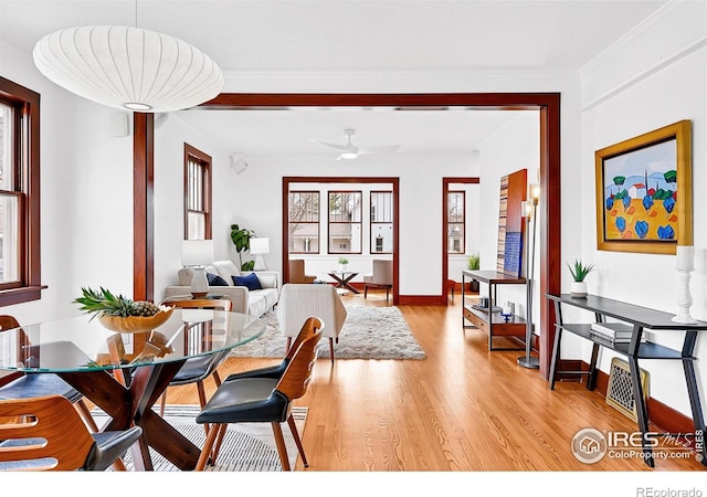 dining area with baseboards, ceiling fan, light wood-style flooring, and ornamental molding