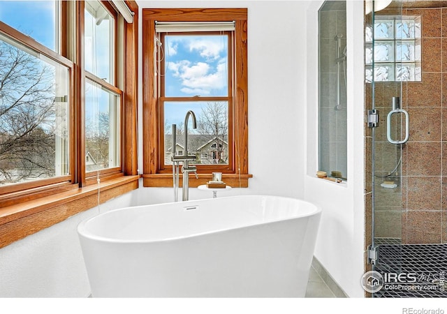bathroom featuring plenty of natural light, a sink, and a stall shower