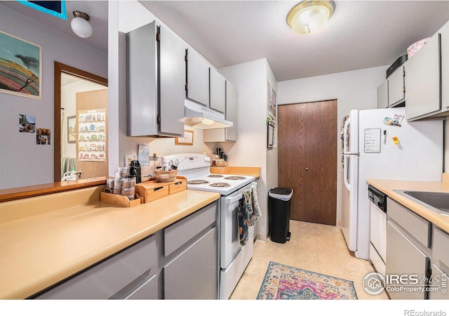 4501 E Boardwalk Dr Unit A9, Fort Collins, CO 80525 - kitchen featuring white appliances, a textured ceiling, under cabinet range hood, light countertops, and gray cabinetry